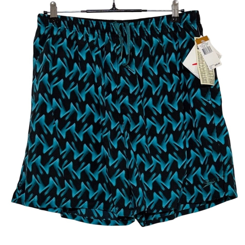 NEW Speedo Swim Trunks Mens XL 34x7" Inseam Blue Black Mesh Lined Board Shorts